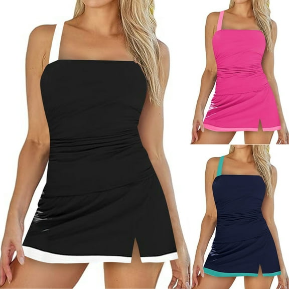 Jinhomg Two Piece Tankini Bathing Suits for Women Modest Solid Tummy Control Tankini Top with Skirt Bottom Ladies Vacation Beach Swimsuits Fall Saving Black L