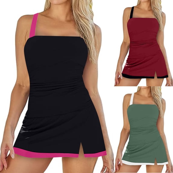 Jinhomg Two Piece Tankini Bathing Suits for Women Modest Solid Tummy Control Tankini Top with Skirt Bottom Ladies Vacation Beach Swimsuits Sales Today Green M