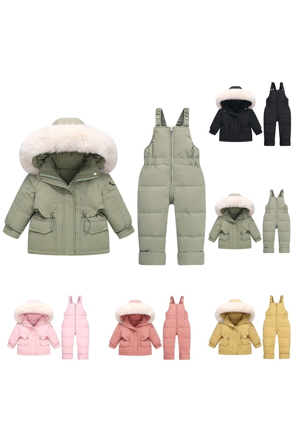 Unisex Baby Winter Snowsuit 2 Piece Toddler Warm Suits 2025 Trendy Windproof Faux Fur Trim Hooded Puffer Coat with Snow Bib Pants Sets Sales Today Clearance Watermelon Red 2 Years
