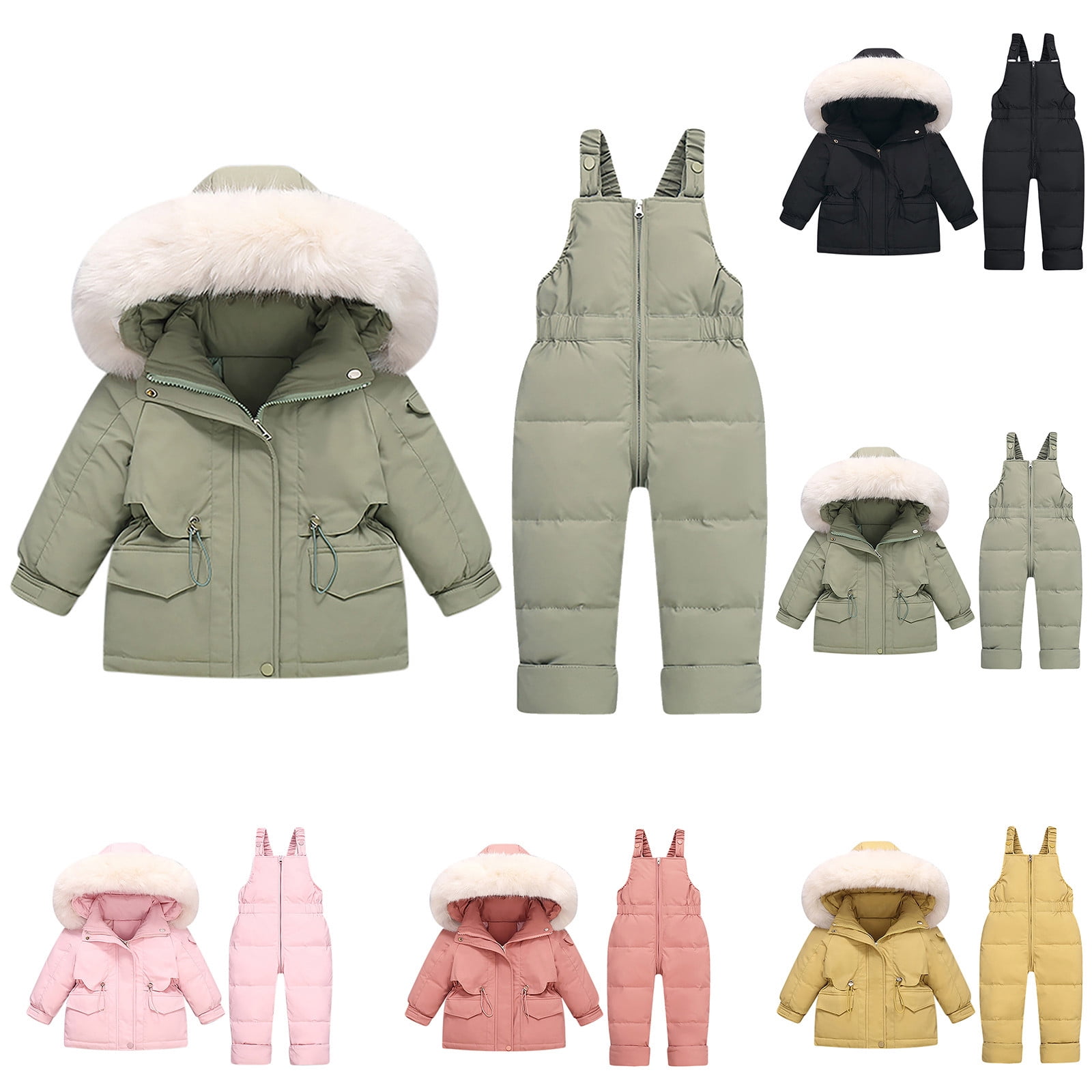 Jinhomg Unisex Baby Winter Snowsuit 2 Piece Toddler Warm Suits 2025 Trendy Windproof Faux Fur Trim Hooded Puffer Coat with Snow Bib Pants Sets Fall Saving Watermelon Red 12 Months