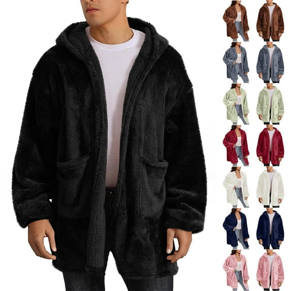 Jinhomg Unisex Men's Plush Warm Jacket Full Zip Casual Thermal Coat Women Fuzzy Fleece Blanket Hoodie Jackets with Pockets Black,L