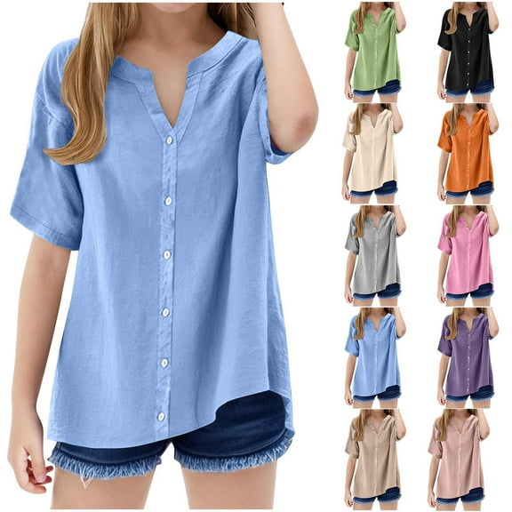 Jinhomg Vacation Shirts for Girls Casual Loose Button Down Linen Shirt Lightweight Comfy Short Sleeve V-Neck Blouse Tops Summer Beach Wear Green 7 Years