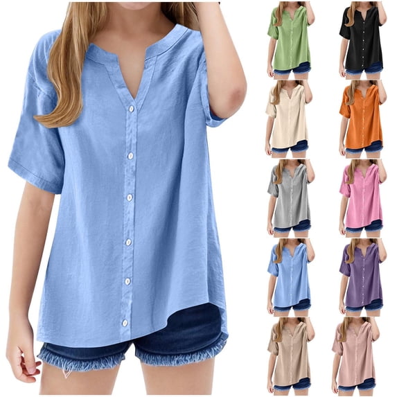 Jinhomg Vacation Shirts for Girls Casual Loose Button Down Linen Shirt Lightweight Comfy Short Sleeve V-Neck Blouse Tops Summer Beach Wear Purple 11 Years