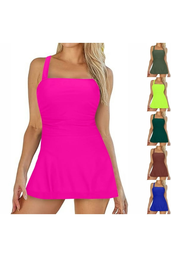 Vacation Swimsuits for Women Modest Tankini Bathing Suits Lightweight Comfy Spaghetti Strap Square Neck Swim Dress Rash Guard Beachwear Fall Saving Yellow XXXXL