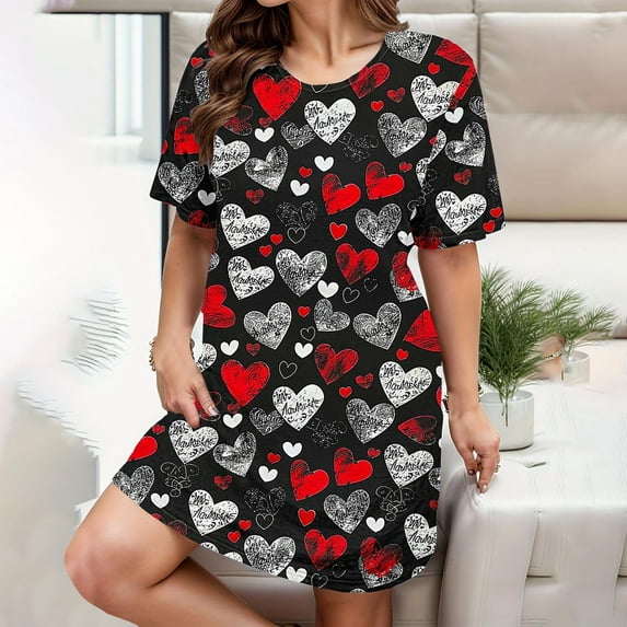 Jinhomg Valentine's Day Dresses for Women Cute Heart Print Holiday Midi Dress Plus Size Casual Comfy Short Sleeve Crew Neck Sleeping Dresses Women Multicolor XXXXXL