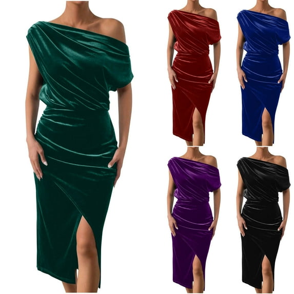 Jinhomg Velvet Dress for Women Elegant off The Shoulder Ruched Velvet Dresses Irregular formal Cocktail Dress Evening Party Midi Dresses Wine L