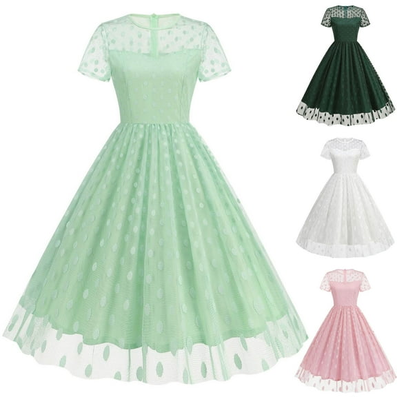 Jinhomg Vintage Cocktail Dresses for Women 1950S Mesh Patchwork Midi Dress Flowy Swing Short Sleeve A-Line Pleated Dresses 50S Party Prom Dress White M