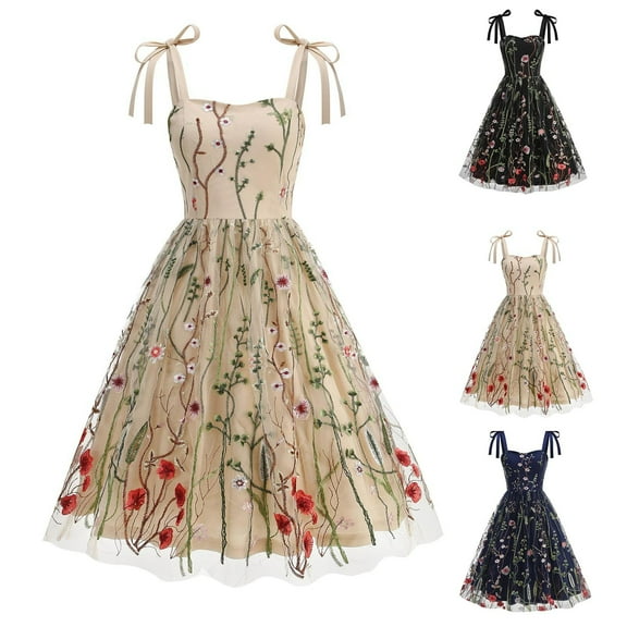 Jinhomg Vintage Cocktail Swing Dress for Women Elegant Floral Embroidery Midi Dress Tie Shoulder A-Line Pleated Dresses Sheer Mesh Tulle Evening Wedding Party Prom Dress Black XXL