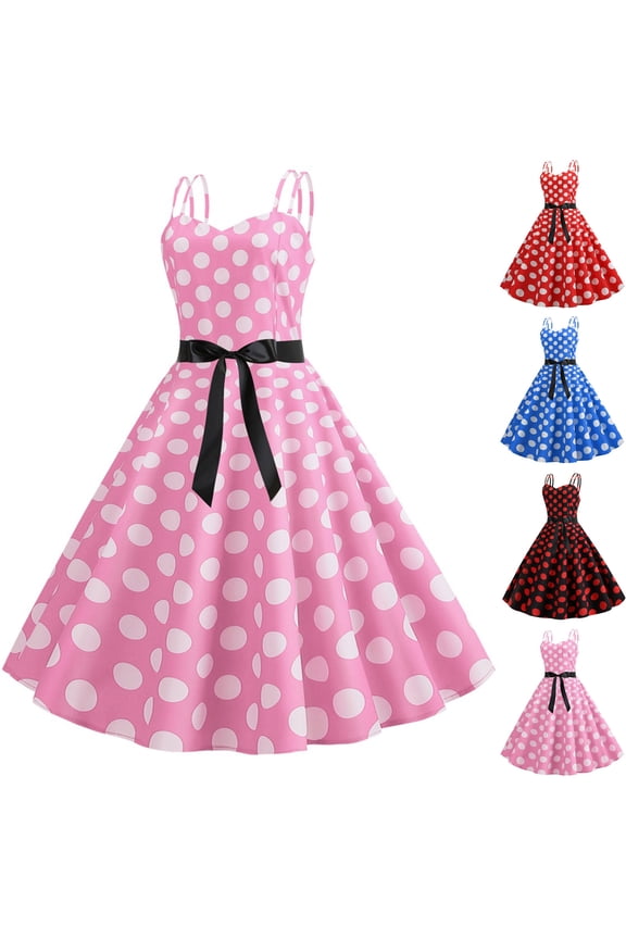 Vintage Dress for Women Cute Polka Dot Print Party Dress Lightweight Comfy Spaghetti Strap Midi Dress Holiday Prom Dresses Black L