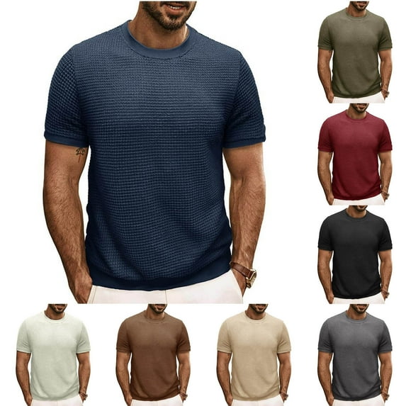 Jinhomg Vintage Mens T Shirts Dressy Casual Solid Color Waffle Tees Lightweight Comfy Short Sleeve Crew Neck Pullover 2025 Spring Summer Tops Army Green XXL
