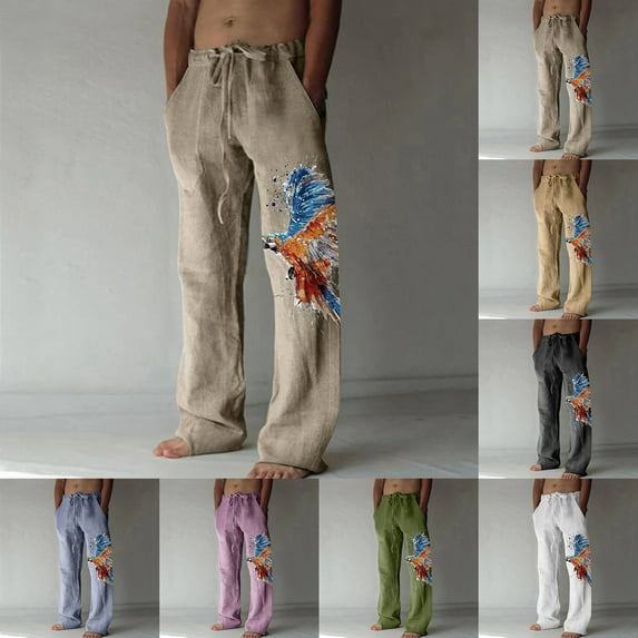 Jinhomg Vintage Pants for Men Big and Tall Comfy Elastic Waist Yoga Pants Lightweight Straight Leg Summer Beach Pants with Drawstring Winter Saving XXXL