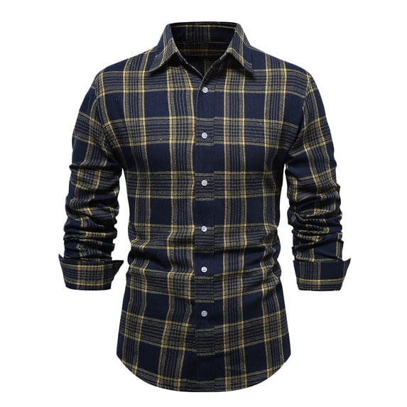 Jinhomg Vintage Plaid Shirt for Men Slim Fit Comfy Long Sleeve Button Down Shirts Lightweight Lapel Collar Casual Shirts Spring Summer Tops Yellow M