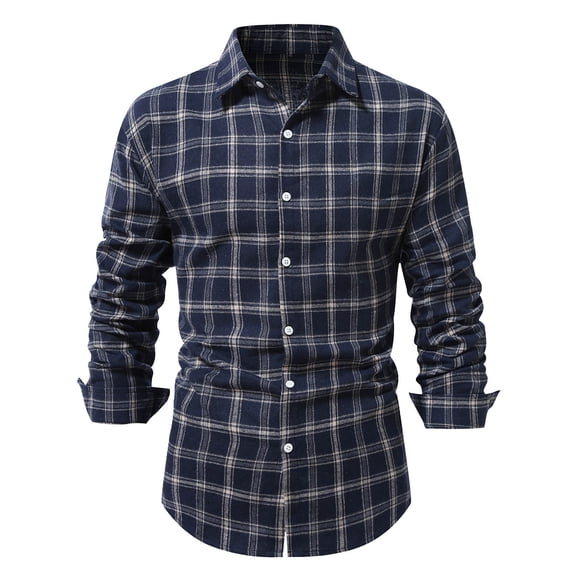 Jinhomg Vintage Plaid Shirt for Men Slim Fit Comfy Long Sleeve Button Down Shirts Lightweight Lapel Collar Casual Shirts Spring Summer Tops Navy XL