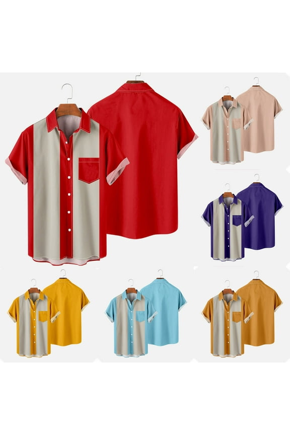 Vintage Shirts for Men Regular Fit Casual Button Down Bowling Shirts Big and Tall 50S Rockabilly Style Short Sleeve Hawaiian Shirts Daily Wear Sales Today Clearance Men Pink M