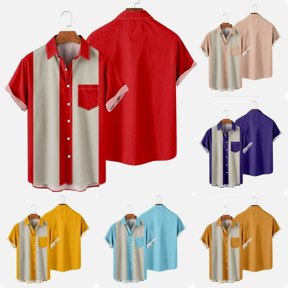 Jinhomg Vintage Shirts for Men Regular Fit Casual Button Down Bowling Shirts Big and Tall 50S Rockabilly Style Short Sleeve Hawaiian Shirts Daily Wear Summer Saving Gold XXL