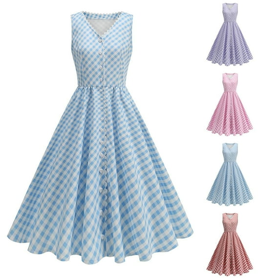 Jinhomg Vintage Swing Dress for Women Cute Plaid Print A-Line Pleated Dress Sleeveless Button V-Neck Midi Dresses 1950S Cocktail Party Prom Dress Pink XL