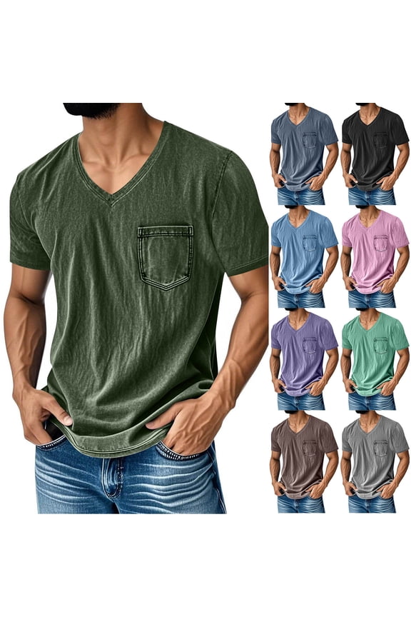 Vintage T-Shirt for Men V-Neck Short Sleeve Washed Distressed Tee Shirts with Pocket Lightweight Breathable Retro Streetwear Army Green,M