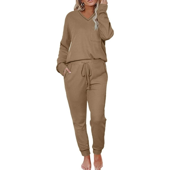 Jinhomg Waffle Knit Pajama Set for Women 2 Piece Casual Solid Lounge Set Cozy Long Sleeve V-neck Pullover Tops with Drawstring Waist Pants Outfits Khaki XL