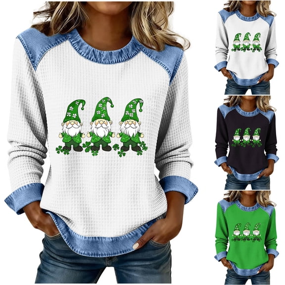 Jinhomg Waffle Knit Tops for Women St Patricks Day Shirt Irish Shamrock Print Long Sleeve Denim Patchwork Pullover Festival Gift Black XXL