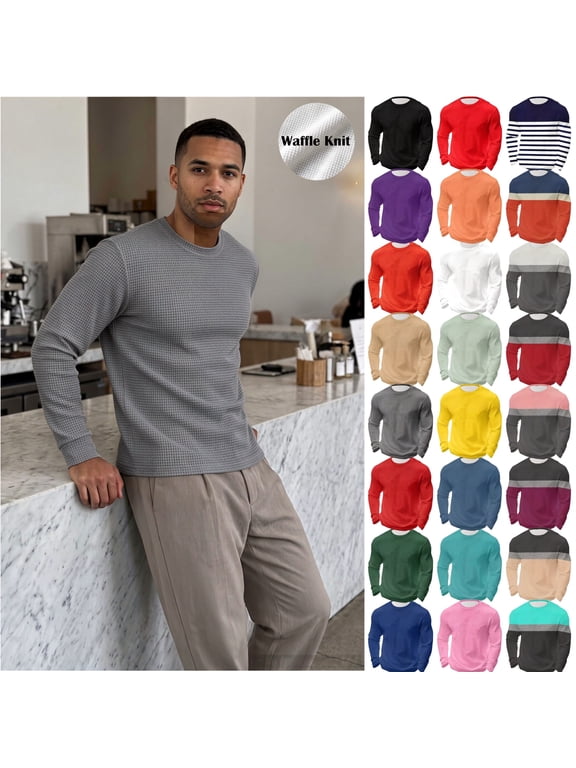 Waffle Shirts for Men Long Sleeve Crew Neck Thermal Underwear Tops Loose Casual Solid Pullover Textured Knit Undershirts
