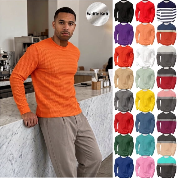 Jinhomg Long Sleeve Tee Shirts for Men Vintage Waffle Knit Crew Neck Tops Soft Breathable Thermal T-Shirt Streetwear