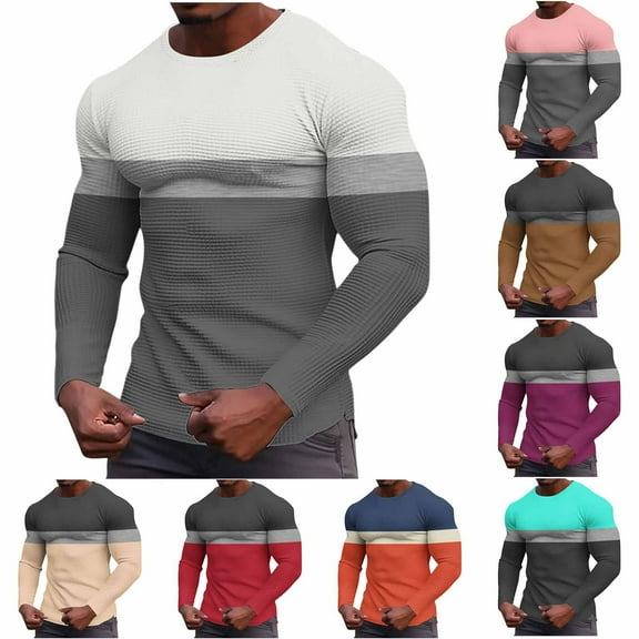 Jinhomg Waffle Shirts for Men Long Sleeve Crew Neck Thermal Underwear Tops Loose Casual Solid Pullover Textured Knit Undershirts