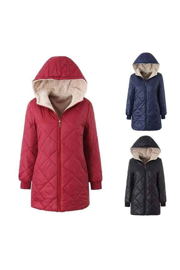 Warm Hoodie Jackets for Women Winter Comfy Long Sleeve Fleece Lined Puffer Coat Lightweight Casual Solid Full-Zip Outerwear Red S