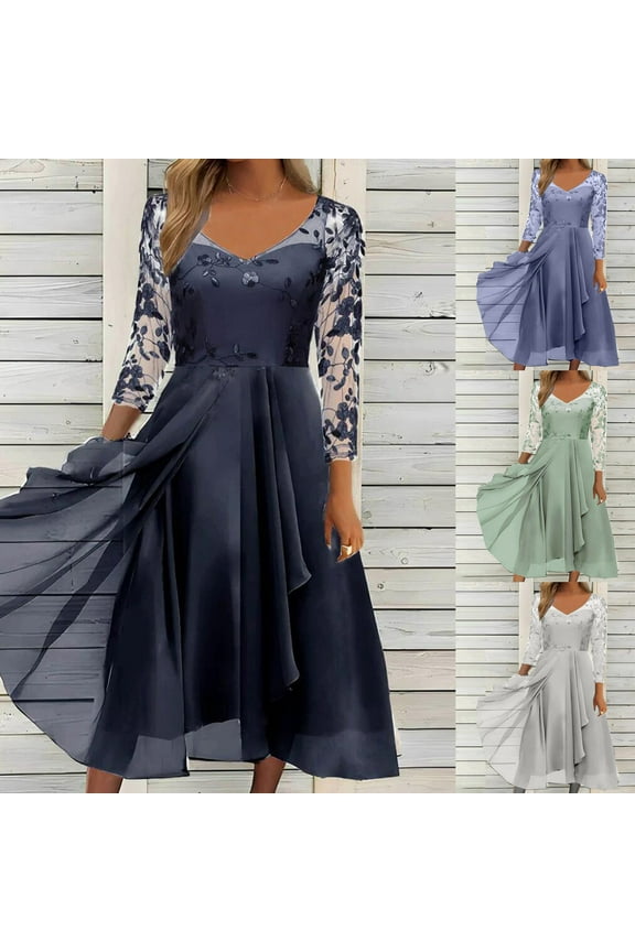 Wedding Guest Dresses for Women 2025 Lace Patchwork Chiffon Dress Trendy Irregular Hem Midi formal Party Dresses Plus Size Long Sleeve Evening Dress Green XXXL