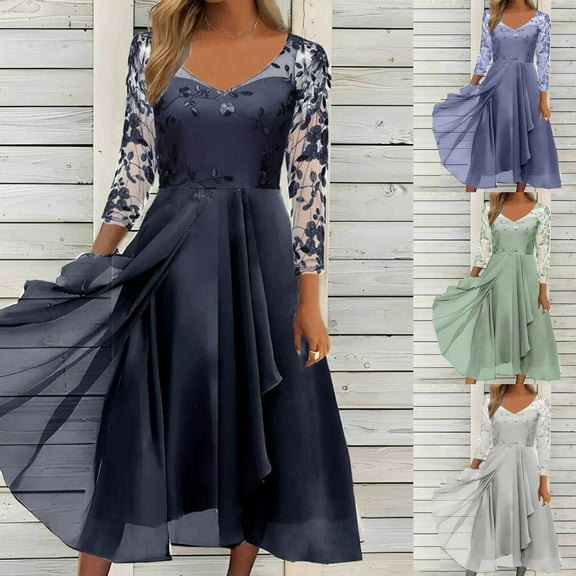 Jinhomg Wedding Guest Dresses for Women 2025 Lace Patchwork Chiffon Dress Trendy Irregular Hem Midi formal Party Dresses Plus Size Long Sleeve Evening Dress Green M