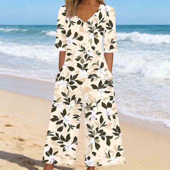 Jinhomg Wide Leg Jumpsuits for Women 2026 Summer Dressy Floral Print One Piece Outfits Loose V Neck Short Sleeve Casual Rompers Khaki XXL