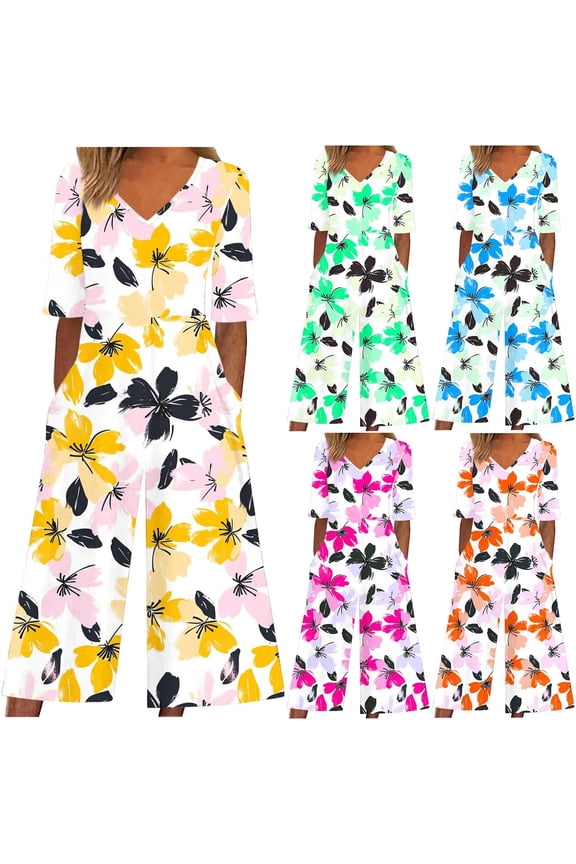Wide Leg Jumpsuits for Women Summer Floral Print Loose V Neck Short Sleeve Dressy Casual Rompers with Pockets Pink XXL