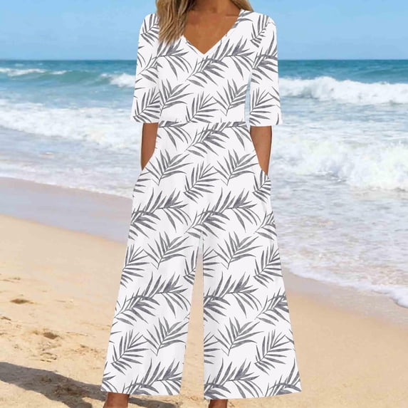 Jinhomg Wide Leg Jumpsuits for Women Summer Floral Print Loose V Neck Short Sleeve Dressy Casual Rompers with Pockets White L