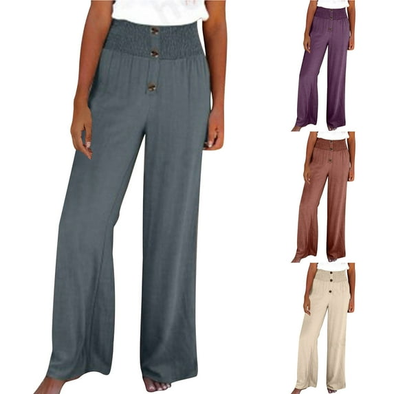 Jinhomg Wide Leg Pants for Women Dressy Cotton Linen Summer Pants Casual Comfy Elastic High Waist Button Trousers 2025 Trendy Flowy Beach Pants Beige XL