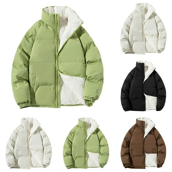 Jinhomg Winter Coat for Women 2025 Soft Cozy Fleece Lined Puffer Jacket Plus Size Thermal Long Sleeve Full-Zip Outerwear with Pockets Summer Saving Beige XXXL