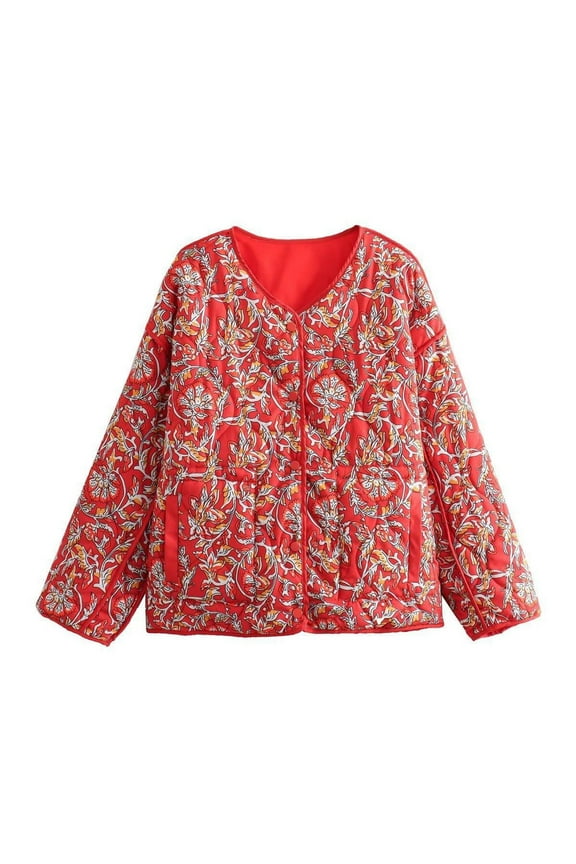 Winter Coats for Women Retro Ethnic Style Print Puffer Jacket Lightweight Comfy Long Sleeve Button Down Coats with Pockets 2025 Saving Red L