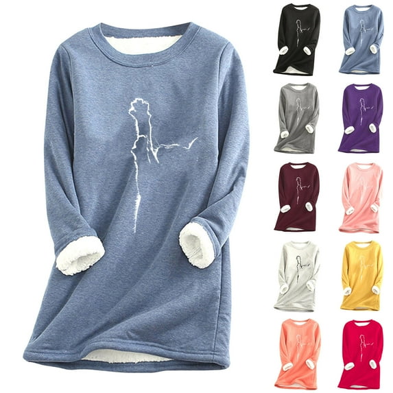Jinhomg Winter Cute Sweatshirt for Women Novelty Cat Print Sherpa Lined Loungewear Plus Size Cozy Long Sleeve Crewneck Tunic Tops Spring Saving Orange XXXXXL