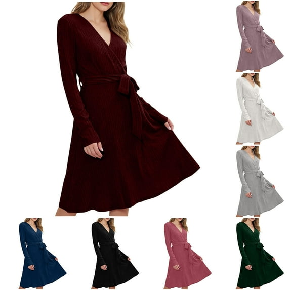 Jinhomg Winter Dresses for Women Dressy Casual Wrap V Neck Long Sleeve Sweater Dress Ribbed Knit Pleated Midi Dresses with Belt Purple XXL