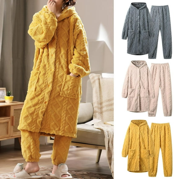 Jinhomg Winter Flannel Sleepwear for Women 2 Piece Thick Warm Pajamas Sets Soft Cozy Long Length Button Down Hooded Cardigan and Pants Navy L