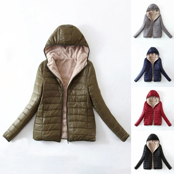 Jinhomg Winter Fleece Lined Jacket for Women Soft Cozy Long Sleeve Full-Zip Hooded Puffer Coat Fall Winter Warm Outerwear with Pockets Navy XL