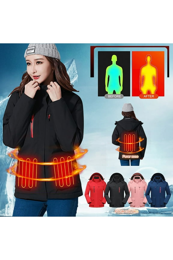 Winter Hooded Heated Jackets for Women Windproof Warm Rain Coat Thick Comfy Soft Shell Windbreaker Without Battery Black XXL