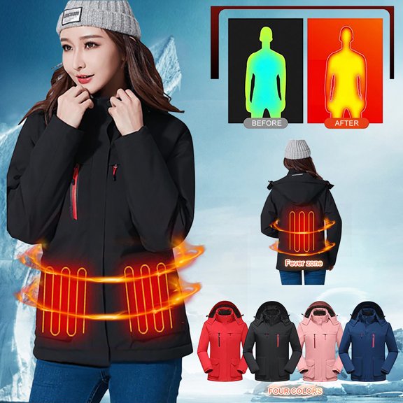Jinhomg Winter Hooded Heated Jackets for Women Windproof Warm Rain Coat Thick Comfy Soft Shell Windbreaker Without Battery Winter Saving Red XL