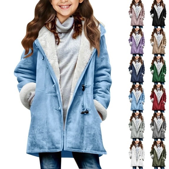 Jinhomg Winter Jackets for Girls Sherpa Lined Jacket Kids Winter Warm Cozy Horn Button Down Coats Faux Suede Pea Coat Outerwear 7 Years