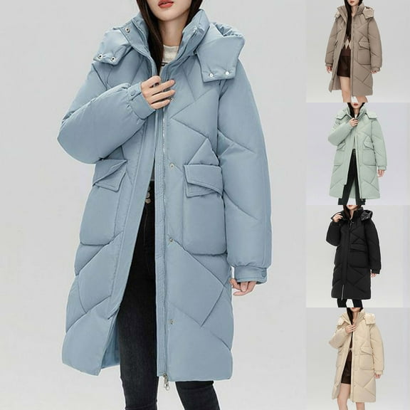 Jinhomg Winter Long Down Coat for Women Thermal Cozy Double Closure Hooded Jacket Plus Size Casual Loose Long Sleeve Outerwear with Pockets Green XL