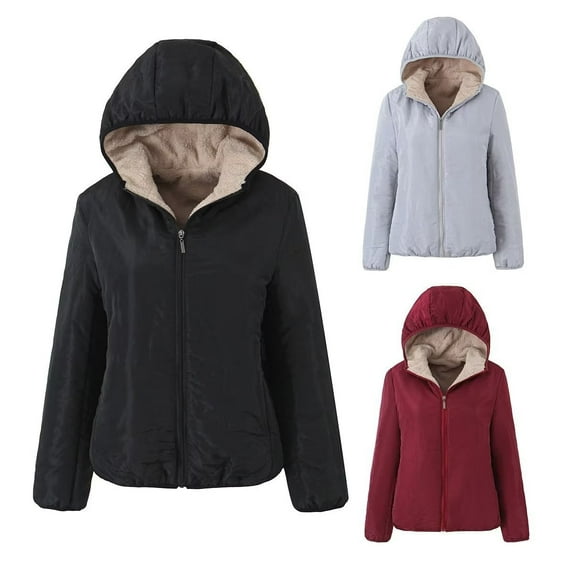 Jinhomg Winter Puffer Coat for Women 2025 Thermal Comfy Fleece Lined Hoodies Lightweight Casual Solid Long Sleeve Full-Zip Jacket Daily Wear Spring Saving Gray S