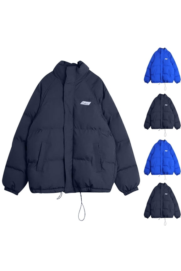 Winter Puffer Jacket for Women Oversized Comfy Double Closure Down Coat Thermal Long Sleeve Stand Collar Fluffy Outerwear with Pockets Blue XL