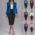 thumbnail image 1 of Jinhomg Women 2 Piece Suits formal Long Sleeve Lapel Collar Blazer Jackets and High Waisted Pencil Skirts 2 Piece Elegant Colorblock Office Workwear Blue S, 1 of 6