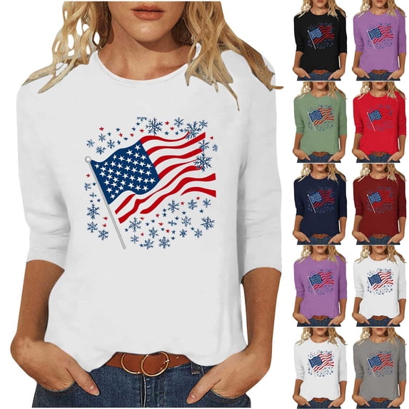 Jinhomg Women American Flag Patriotic Shirt 3/4 Sleeve 4th of July Tunic Blouses Independence Day Crewneck Tops Star Stripes T Shirt for Ladies Gray M