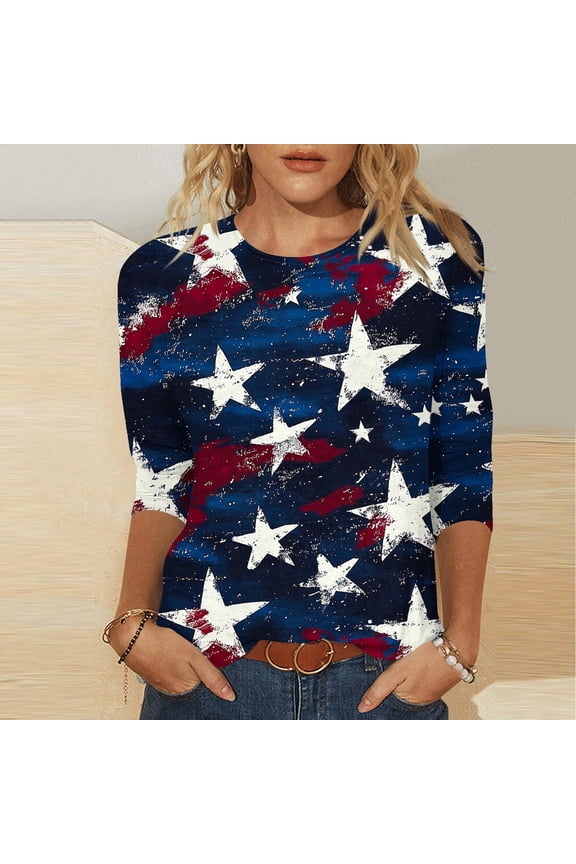 Women American Flag Shirt 3/4 Sleeve Fourth of July Patriotic Blouses Funny American Flag Graphic Party Tops Plus Size Summer Tunics Dark Blue XL