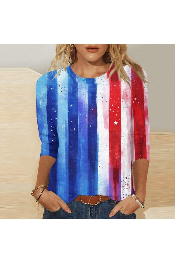 Women American Flag Shirt 3/4 Sleeve Fourth of July Patriotic Blouses Funny American Flag Graphic Party Tops Plus Size Summer Tunics Blue L