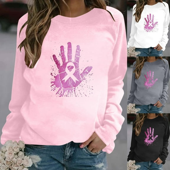 Jinhomg Women Breast Cancer Tee Shirt Trendy long Sleeve Pink Ribbon Pattern Tshirt Fall Winter Warm Cozy Crewneck Sweatshirt White XXL